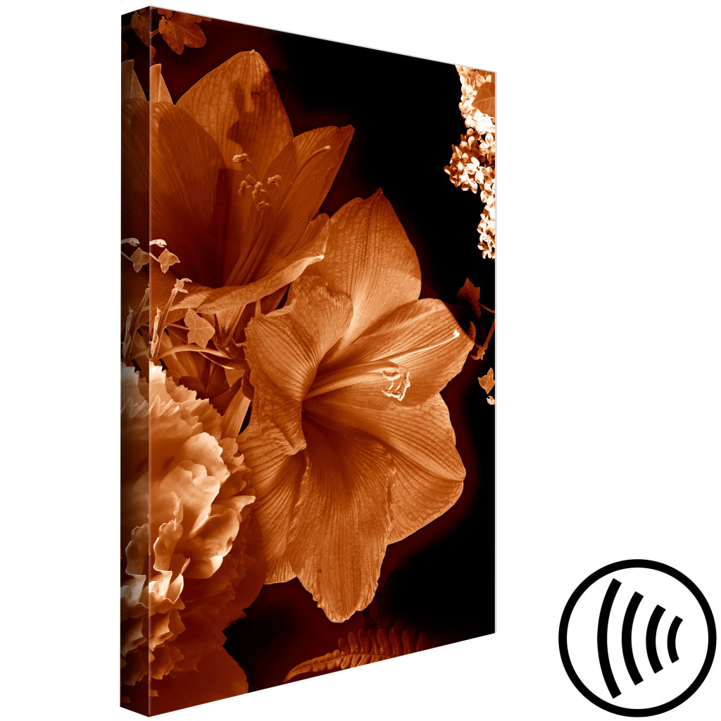 Canvastavla Liljor I Sepia - Minimalistiskt Foto Av Blommor På En Mörk Bakgrund