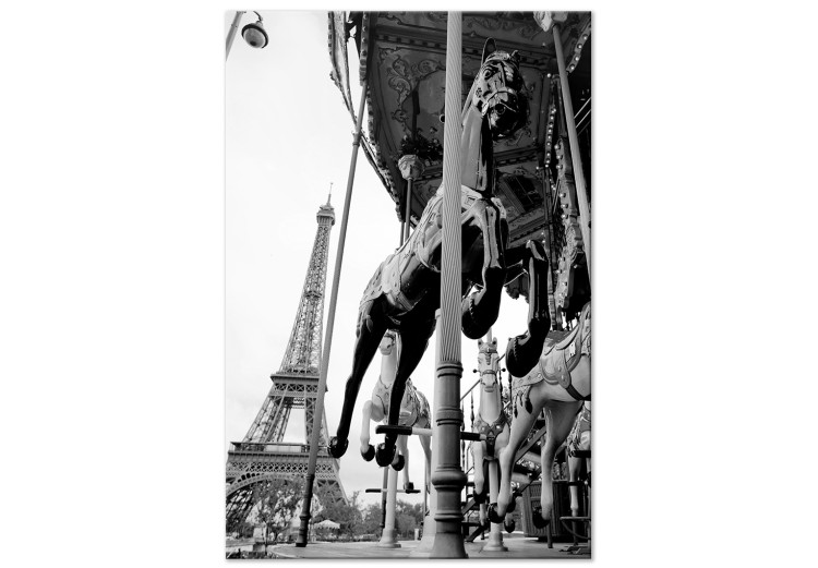 Canvastavla Karusell i Paris - svartvitt fotografi med utsikt över Eiffeltornet
