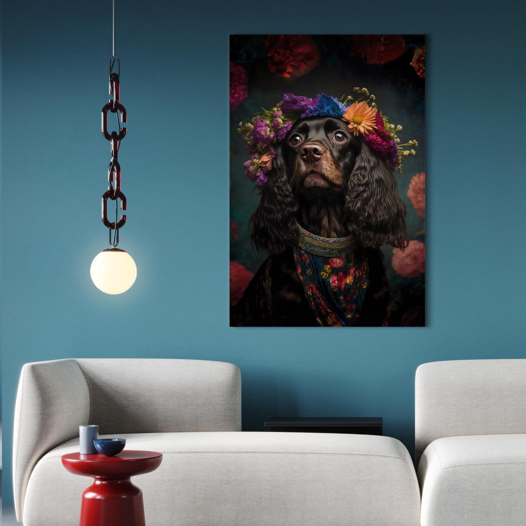 Schilderij  Honden: AI Dog Cocker Spaniel - Frida Kahlo Style Animal Fantasy Portrait - Vertical