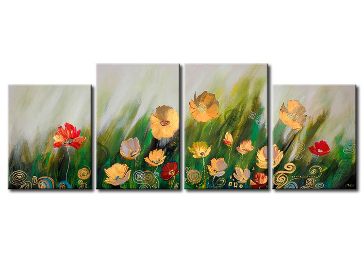Wandbild Goldene und rote Blumen (1-teilig) - Pflanzenmotiv mit grüner Wiese 47166