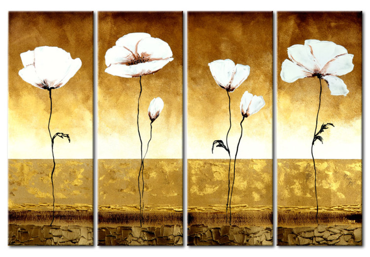 Toile déco Pavots blancs (4 pièces) - Fleurs sur fond brun 48566