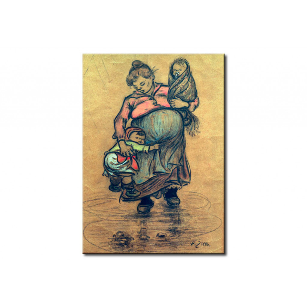 Schilderij  Heinrich Zille: Mutter Mit Zwei Kindern