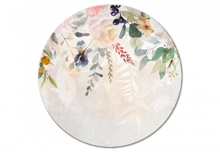 Round Canvas Blooming - Delicate Flowers and Leaves on a Light Beige Background 148676