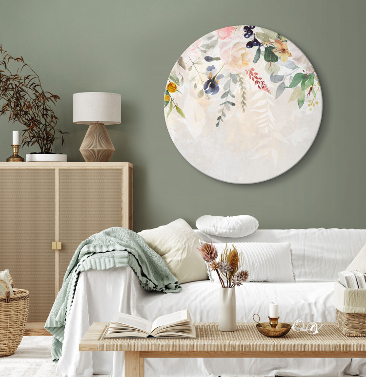 Tableau rond Blooming - Delicate Flowers and Leaves on a Light Beige Background 148676 additionalImage 3