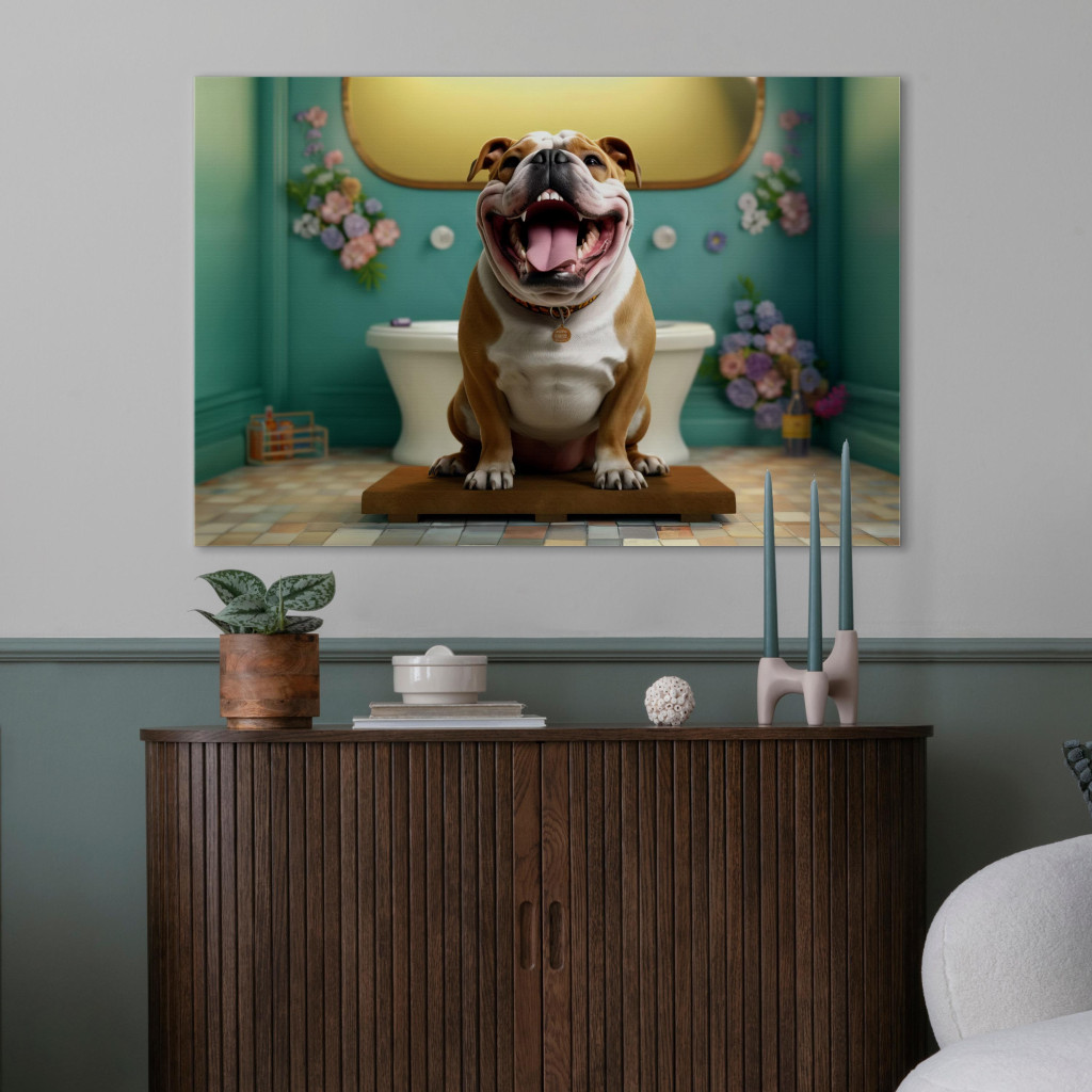 Obraz AI Pies Buldog Francuski - Zwierzak Czekający W Kolorowej łazience - Poziomy