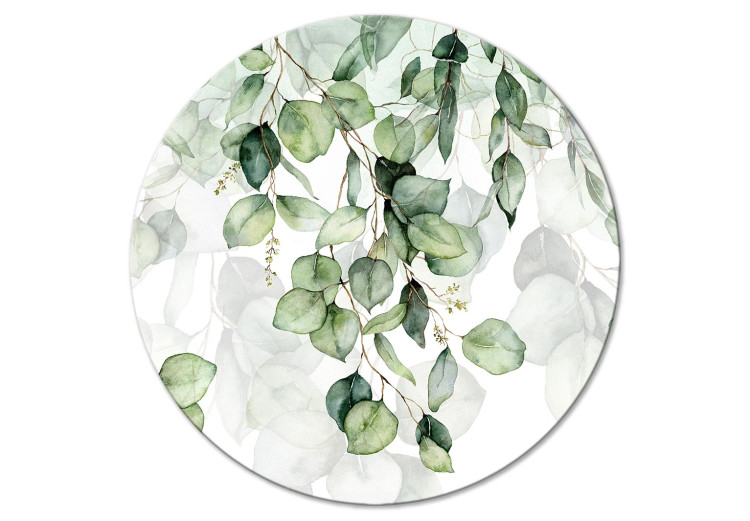 Round Canvas Lightness of Leaves - A Delicate Composition With Flowering Tree Branches 151476