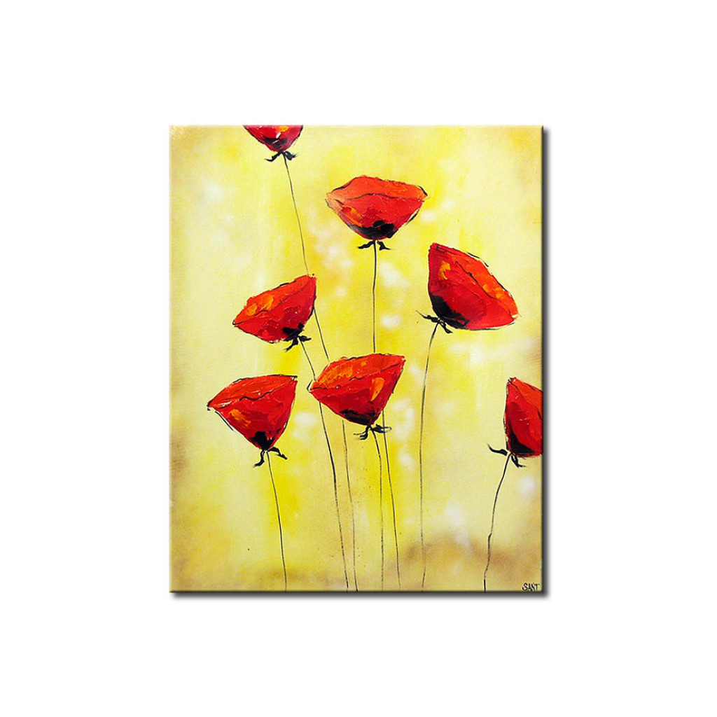 Schilderij  Klaprozen: Subtiele Rode Klaprozen (1-delig) - Bloemenmotief Op Een Gele Achtergrond