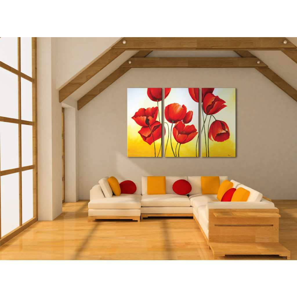 Schilderij  Tulpen: Tulpendans (3-delig) - Natuur Met Bloemen Op Een Tweekleurige Achtergrond