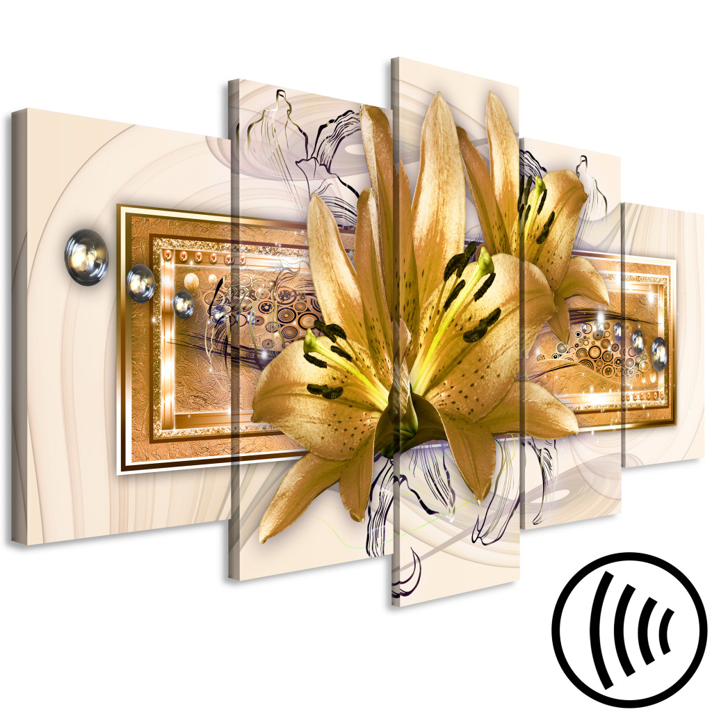Schilderij  Florale Motieven: Lilies In The Garden (5 Parts) Wide Golden