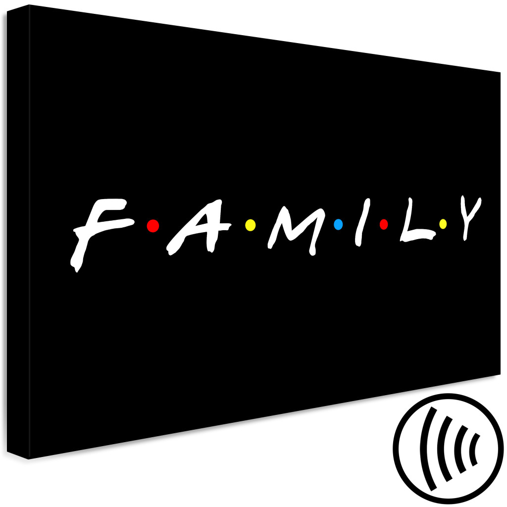 Obraz Biały Napis Po Angielsku Family Z Kolorowymi Kropkami - Na Czarnym Tle
