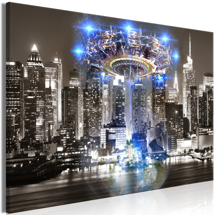 Canvas Print Spaceship on Night Panorama of New York - Abstraction 136086 additionalImage 2