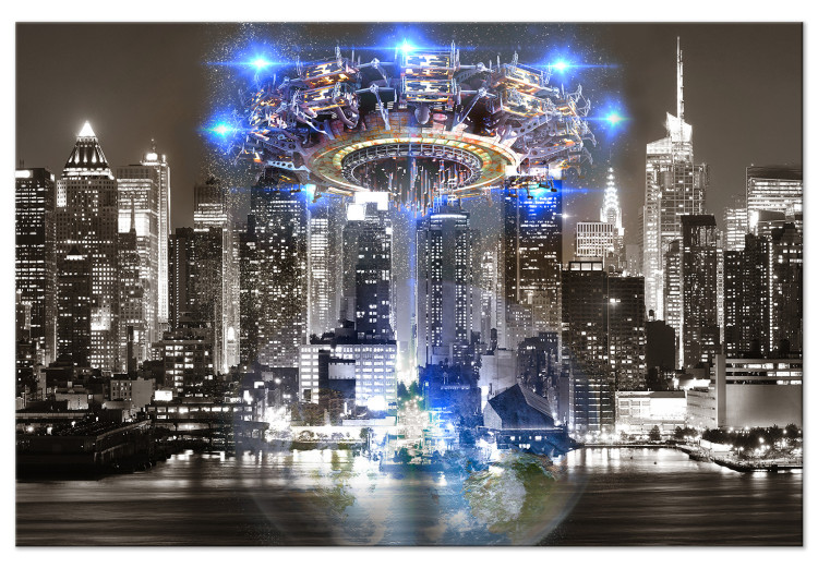Canvas Print Spaceship on Night Panorama of New York - Abstraction 136086