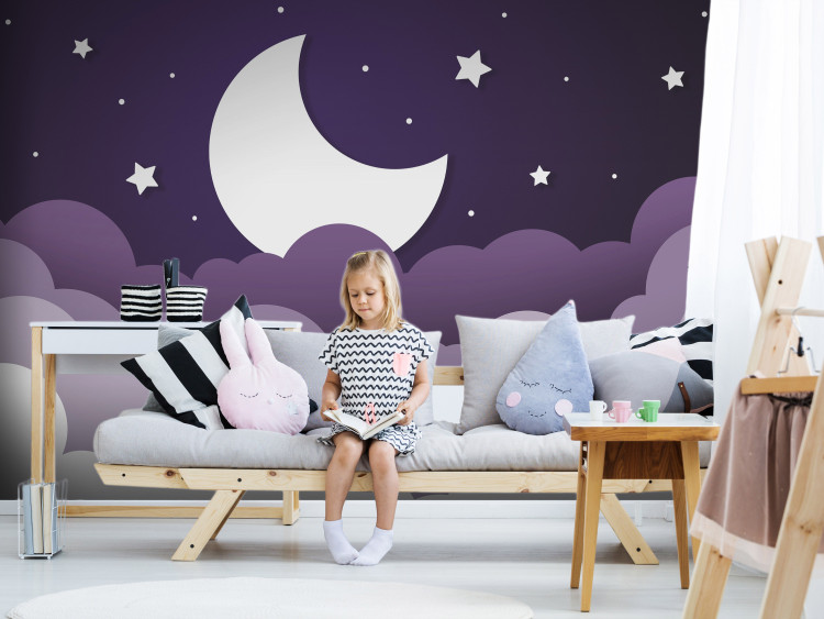 Wall Mural Moon dream - clouds in a purple sky with stars for children