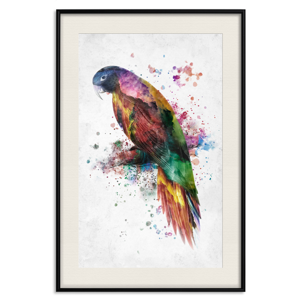 Poster Decorativo Rainbow Parrot - Colorful Bird On A Branch Painted With Watercolors