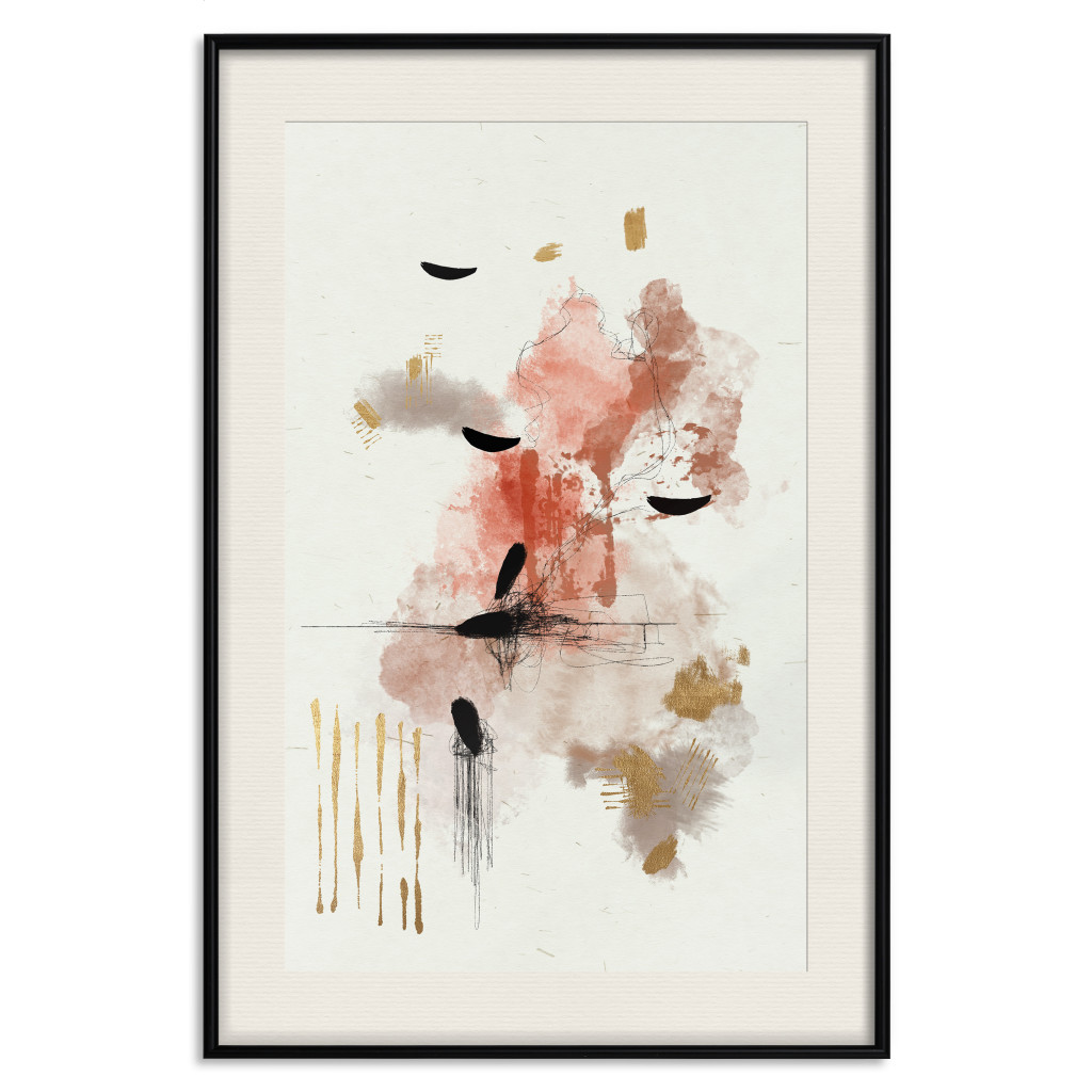 Muur Posters Abstraction In Warm Tones - Watercolor, Traces Of Color And Traces Of Gold