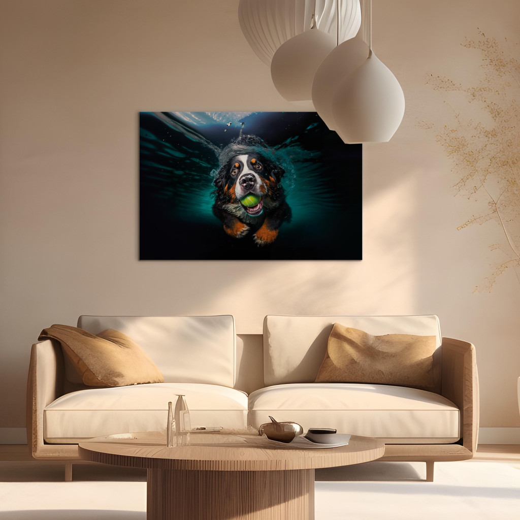 Obraz AI Berneński Pies Pasterski - Pływający Zwierzak Z Piłką W Pysku - Poziomy