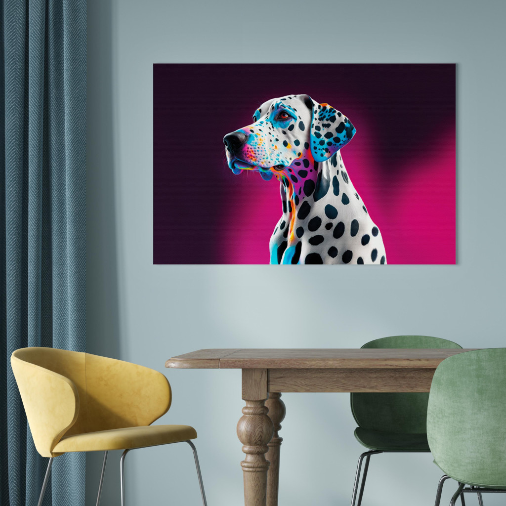Obraz AI Pies Dalmatyńczyk - Cętkowany Zwierzak W Różowym Pokoju - Poziomy