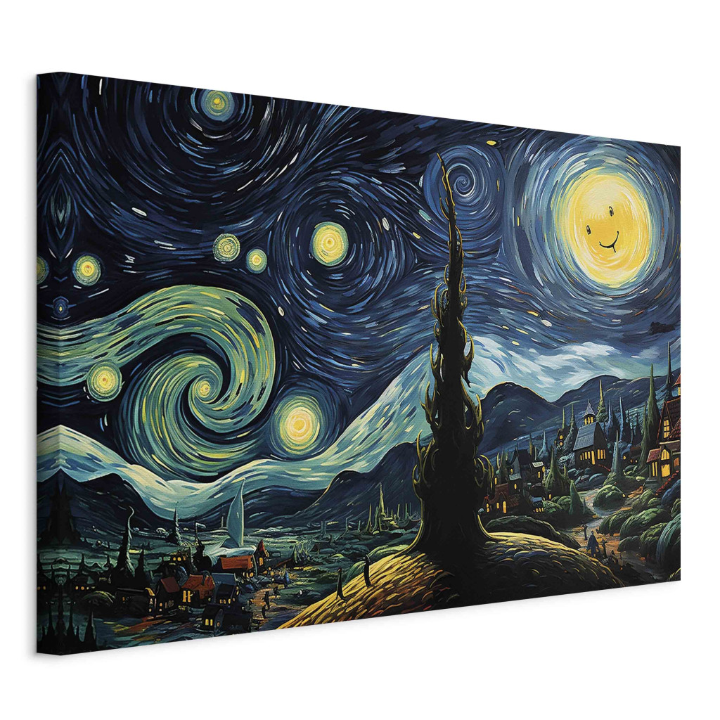 Duży Obraz XXL Gwiaździsta Noc - Pejzaż W Stylu Van Gogha Z Uśmiechniętym Księżycem [Large Format]