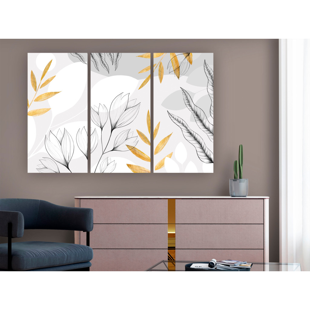 Obraz Kwiaty Magnolii - Minimalistyczne Rośliny W Szarościach I Złocie