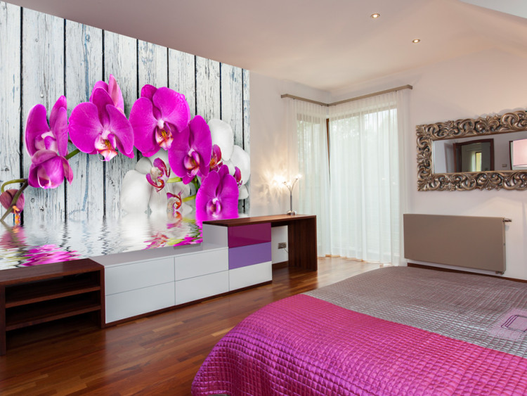 Wall Mural Plant Composition with Wood - Orchid Flowers Resting on Water Surface 60186