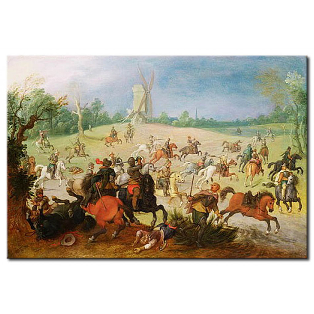 Schilderij  Sebastiaen Vrancx: A Cavalry Battle In A Wooded Valley Before A Windmill