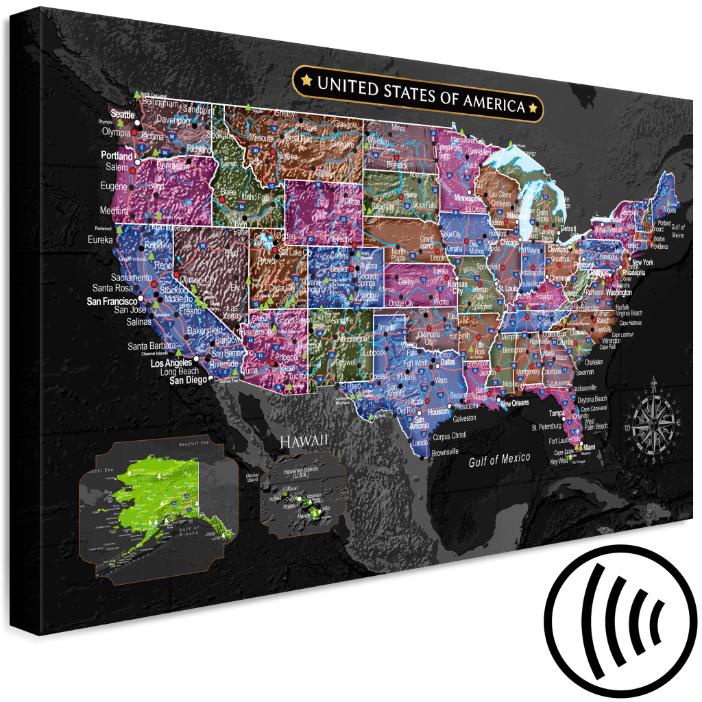 Pintura Em Tela Mapa Multicolorido Da América Do Norte - Sobre Fundo Preto
