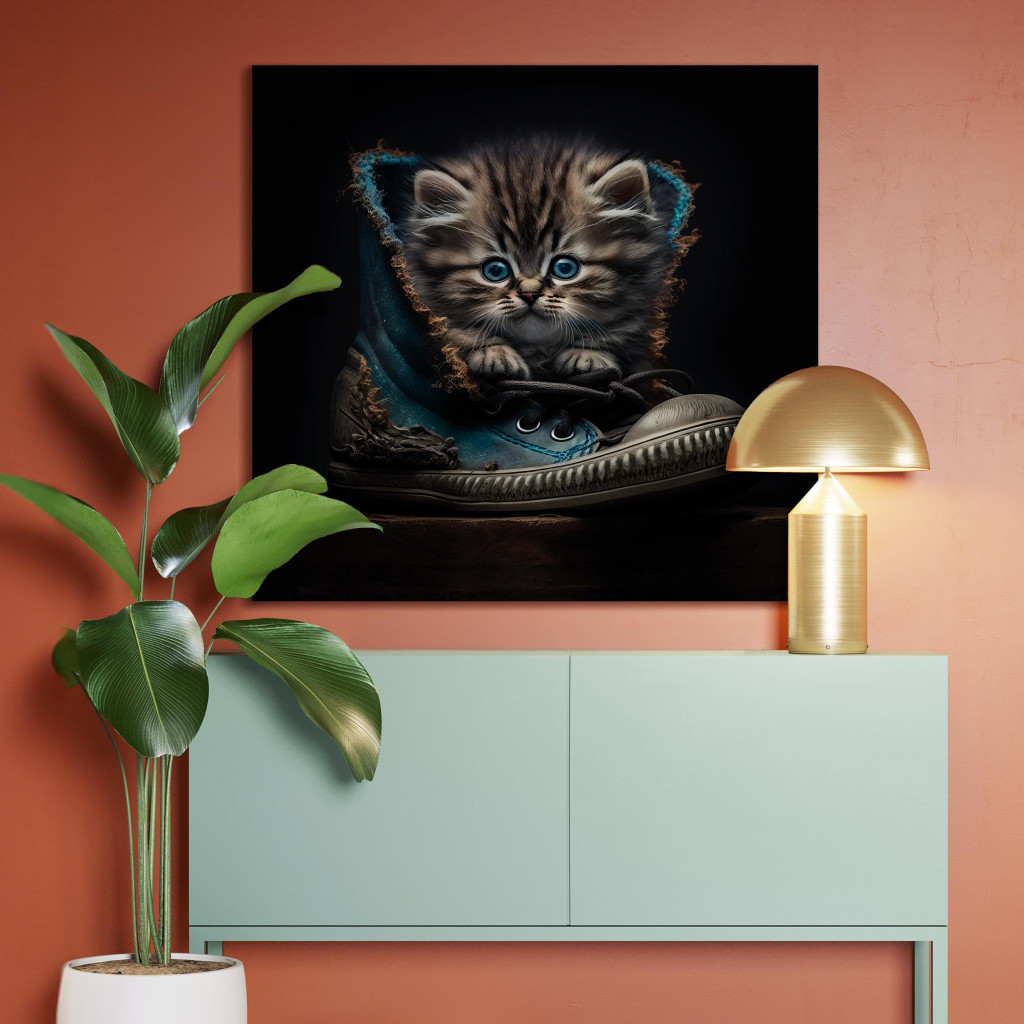 Schilderij  Katten: AI Maine Coon Cat - Tiny Blue-Eyed Animal In A Shoe - Square