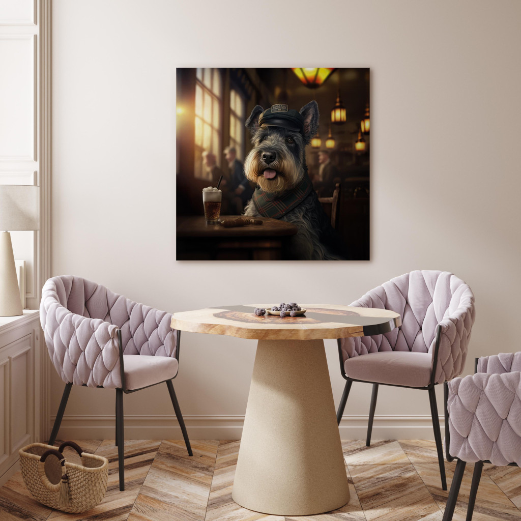 Konst AI Dog Miniature Schnauzer - Portrait Of A Animal In A Pub With A Beer - Square