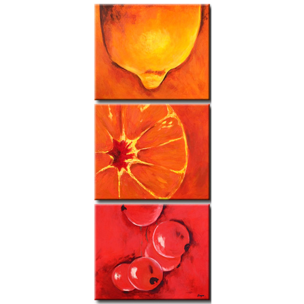 Schilderij  Fruit: Zomerfruit (3-delig) - Plantaardig Motief Met Citrusvruchten En Zwarte Bessen