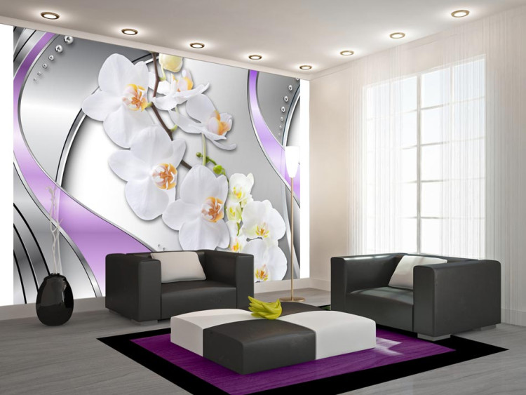 Fototapeta Orchidee w fiolecie - nowoczesna kwiatowa abstrakcja na srebrnym tle 60296