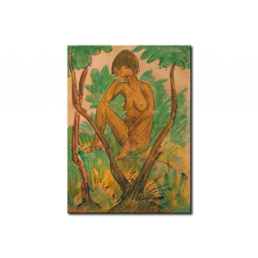Schilderij  Otto Mueller: Frauenakt, Sitzend Zwischen Zwei Baumstämmen