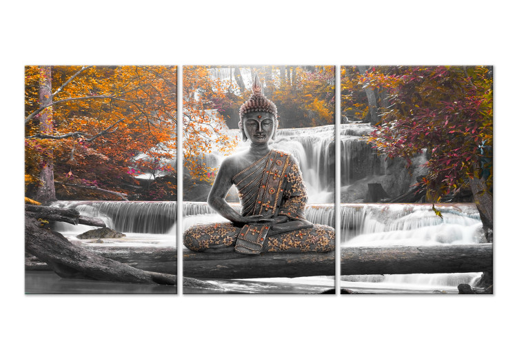 Cuadro en lienzo Buddha and Waterfall (3 Parts) Orange