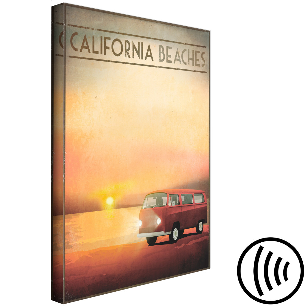 Quadro Pintado Praia Da Califórnia Com VW Retro - Paisagem Ao Pôr-do-sol Junto Ao Mar