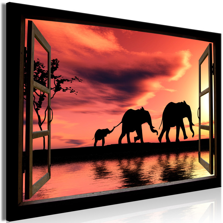 Quadro su tela Elefanti vaganti visti dalla finestra aperta - Paesaggio africano 125007 additionalImage 2