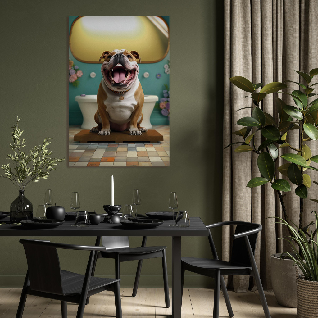 Obraz AI Pies Buldog Francuski - Zwierzak Czekający W Kolorowej łazience - Pionowy