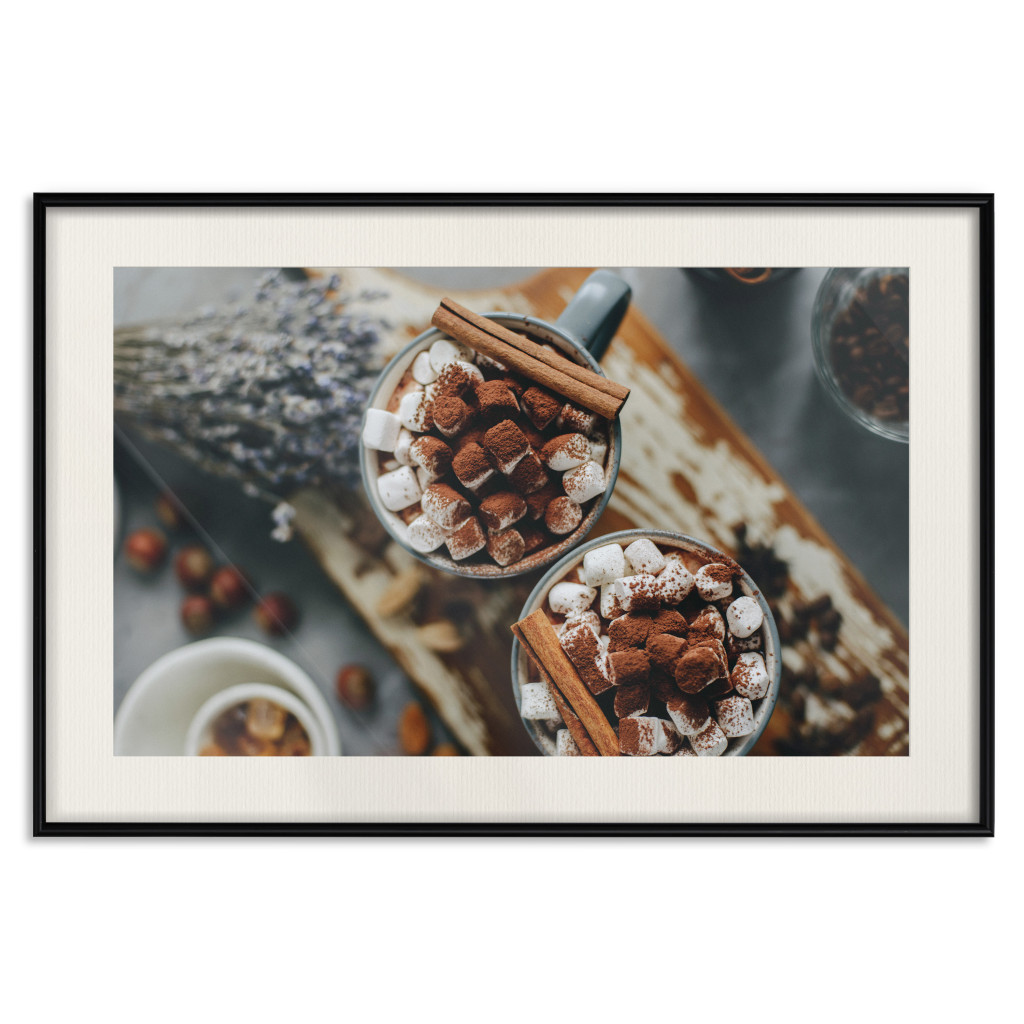 Muur Posters Hot Chocolate - Mugs Full Of Cocoa With Marshmallows Sprinkled With Cinnamon