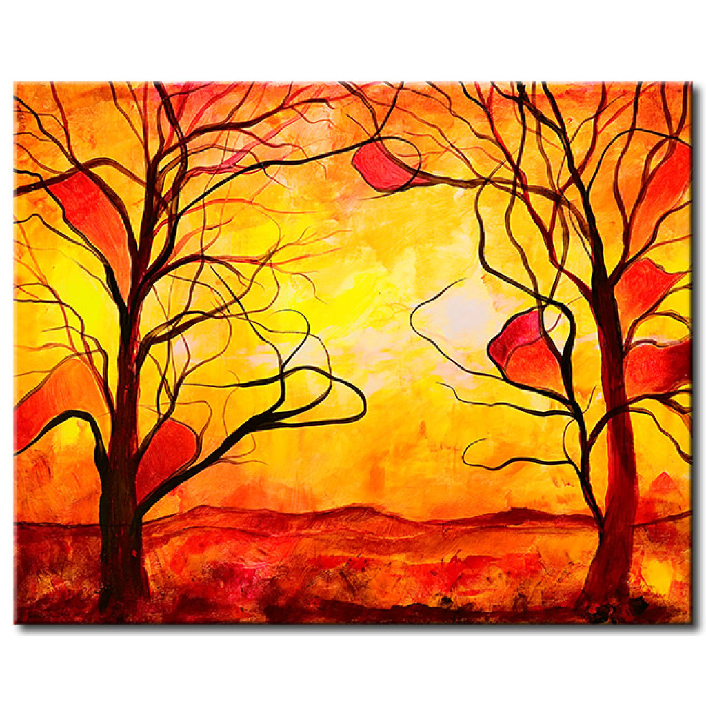 Quadro Pintado Paisagem Em Chamas (1 Peça) - Fantasia Com árvores E Céu Com Folhas