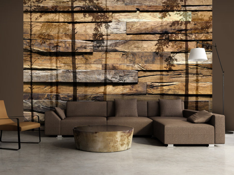 Wall Mural High forest trees - brown board pattern with falling forest shadow