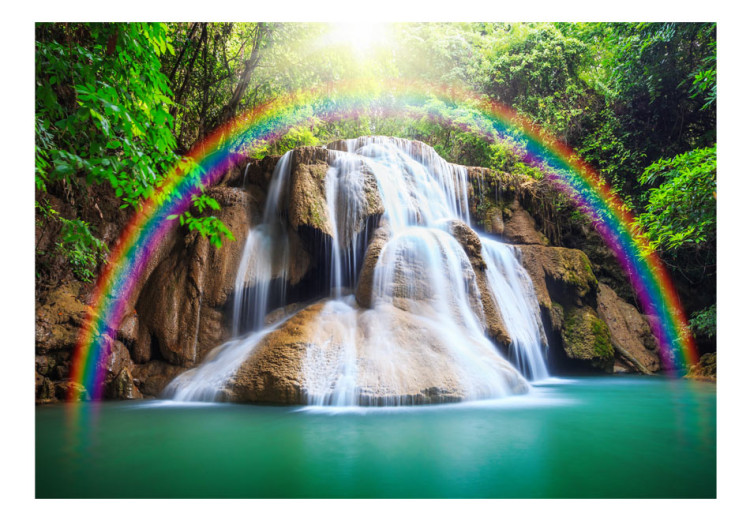 Mural de parede Serenidade da Natureza - Paisagem de uma cachoeira de pedra e rio na floresta com arco-íris 64607 additionalImage 1