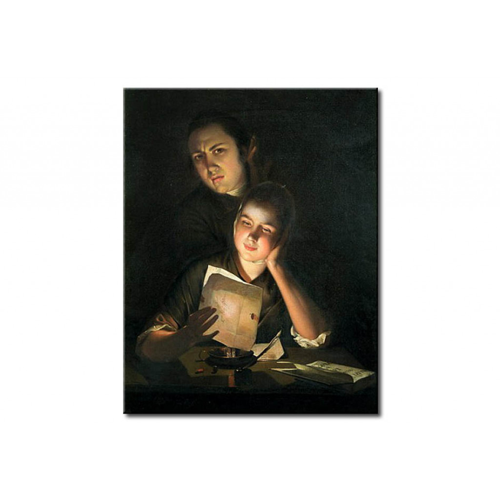 Canvastavla A Girl Reading A Letter By Candlelight, With A Young Man Peering Over Her Shoulder