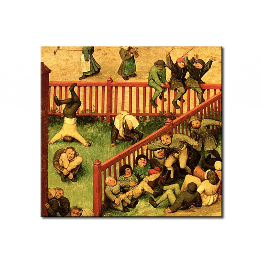 Schilderij  Pieter Bruegel The Elder: Children's Games (Kinderspiele): Detail Of Left-hand Section Showing Children Running The Gauntlet, Doing Gymnas