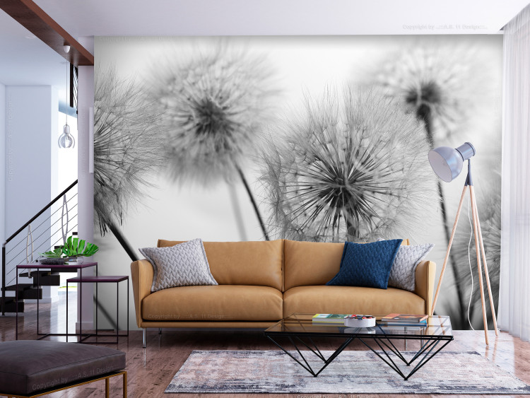 Fototapete Pusteblumen - schwarz-weiße, flüchtige Natur fürs Wohnzimmer 138317