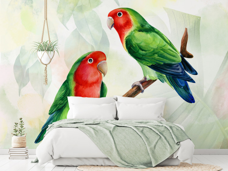 Carta da parati moderna Pappagallo - Uccelli colorati della giungla mostrati su sfondo chiaro 142317