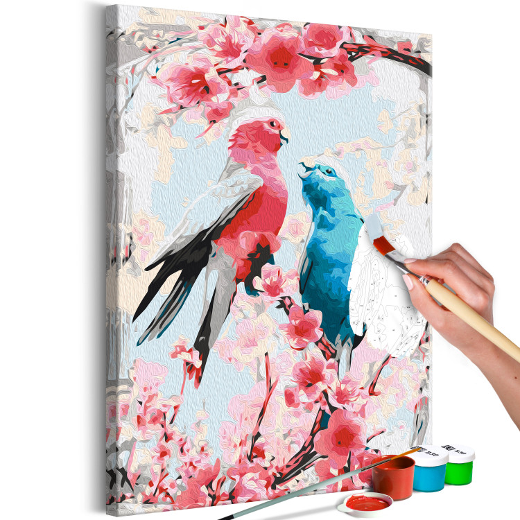 Paint by number Enamored Pink and Blue - Lovely Parrots Sitting on Branch and Pink Flowers 144617 additionalImage 5