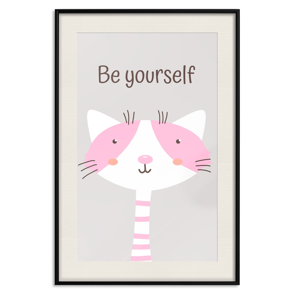 Muur Posters Be Yourself - Pink Cheerful Cat And A Motivating Slogan For Children