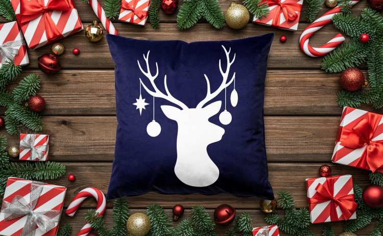 Decorative Velor Pillow Christmas reindeer - white animal head with baubles on antlers 148517 additionalImage 2