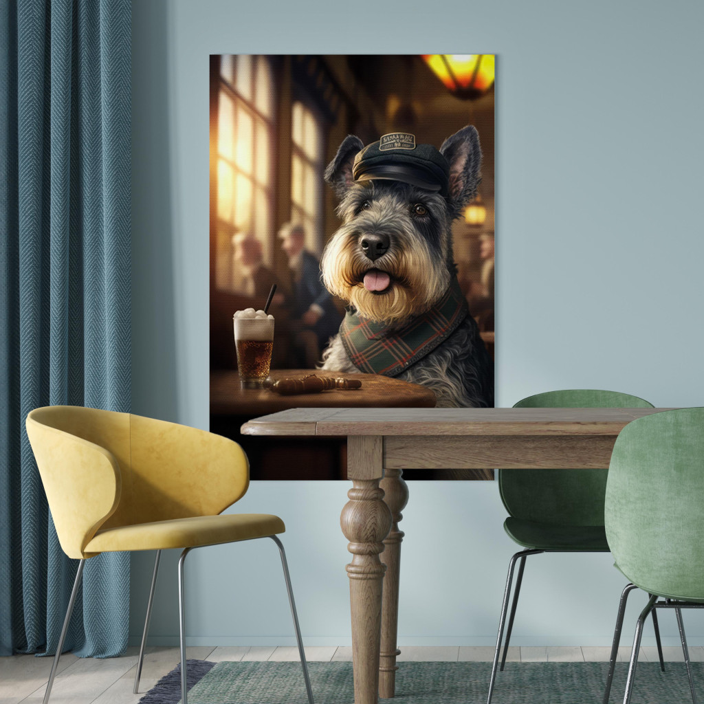 Schilderij  Honden: AI Dog Miniature Schnauzer - Portrait Of A Animal In A Pub With A Beer - Vertical
