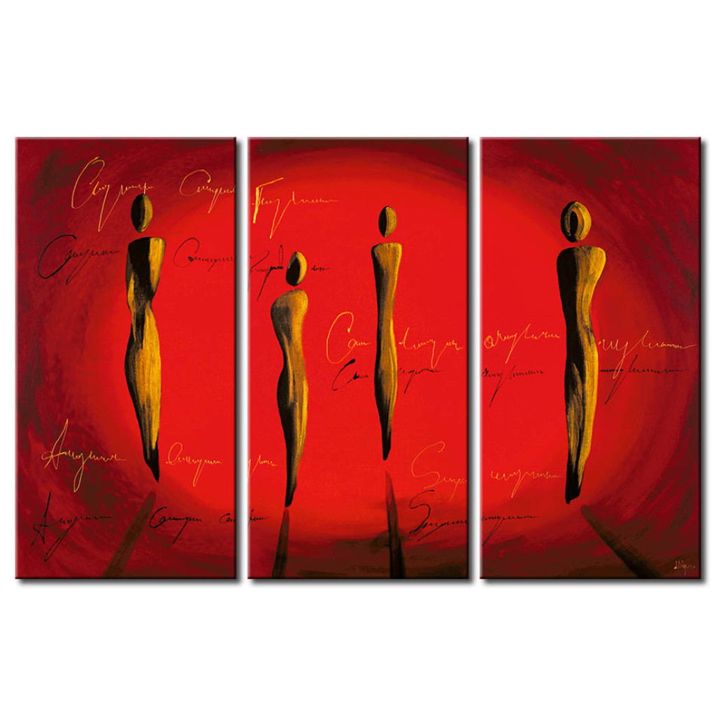 Pintura Em Tela Abstração Com Vermelho (3 Peças) - Figuras De Pessoas Com Inscrições