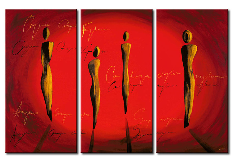 Canvas Art Print Abstraction with Red (3-piece) - silhouette figures with text 47017