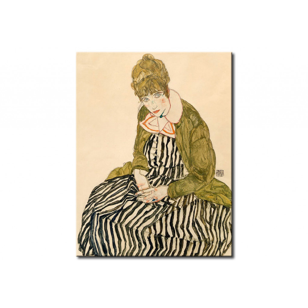 Cópia Do Quadro Famoso Edith Schiele In Striped Dress, Sitting